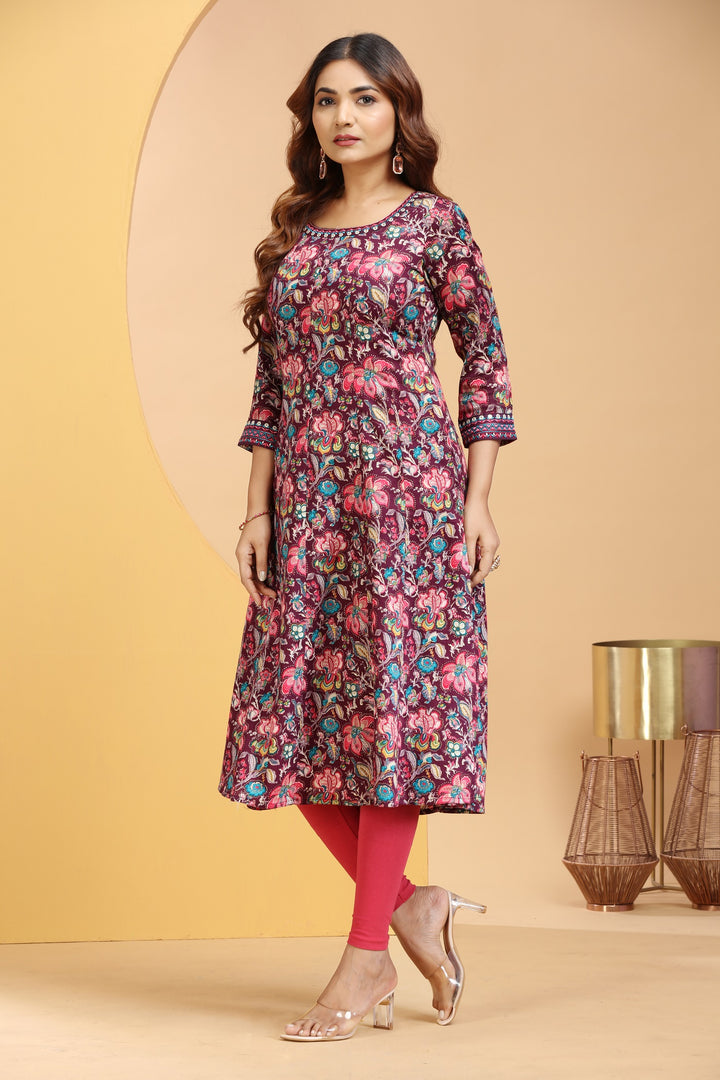 Purple Rayon Embroidered A Line Kurta