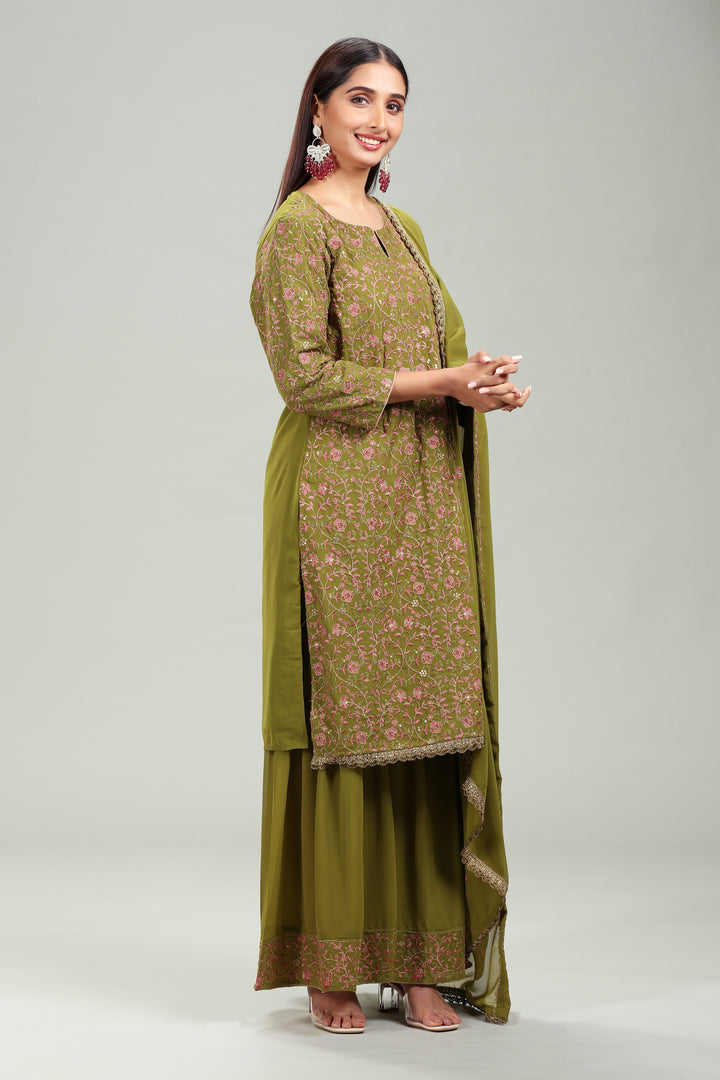 Green Georgette Straight Embroidered Kurta Palazzo Suit Set