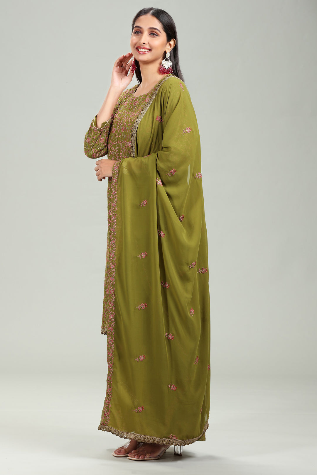 Green Georgette Straight Embroidered Kurta Palazzo Suit Set