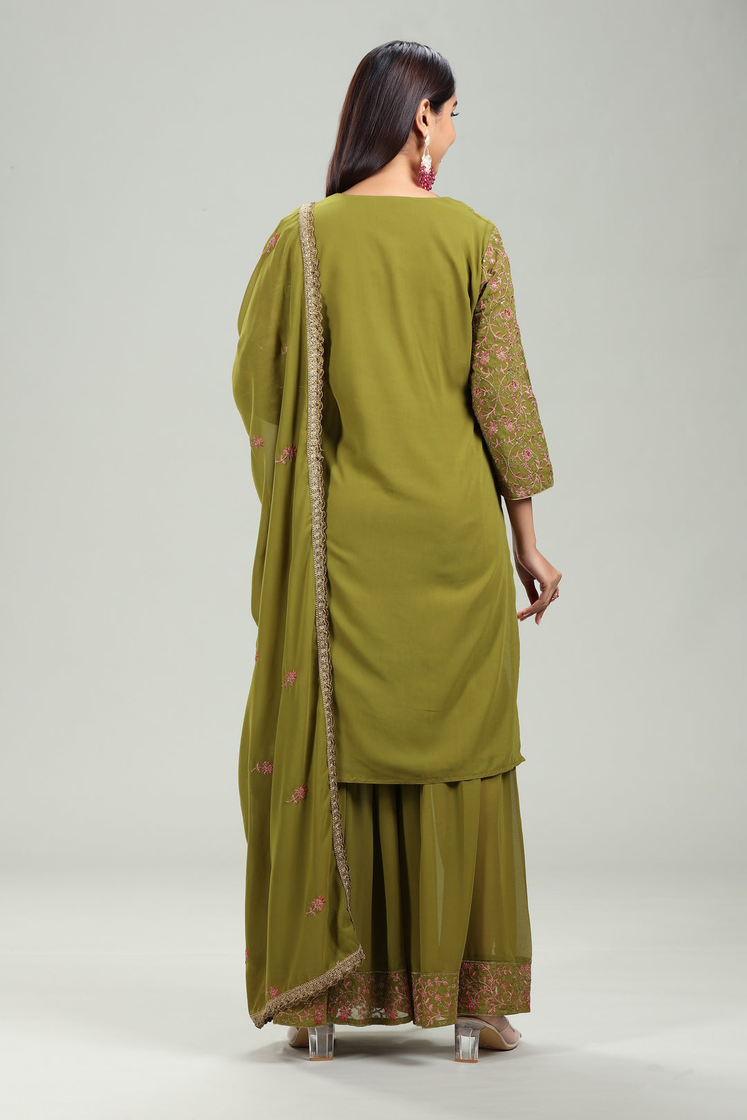 Green Georgette Straight Embroidered Kurta Palazzo Suit Set