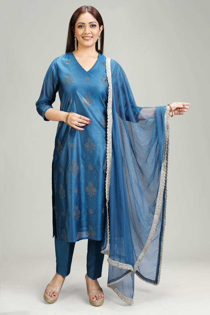 Blue Chanderi Straight Embroidered Kurta Pant Suit Set