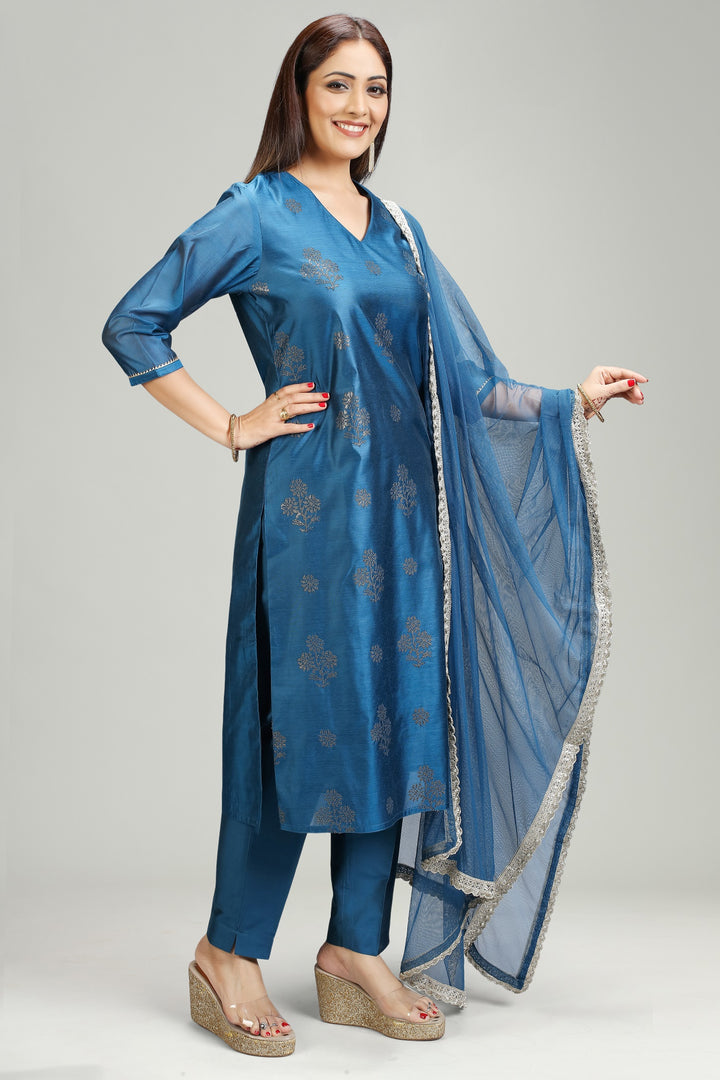 Blue Chanderi Straight Embroidered Kurta Pant Suit Set