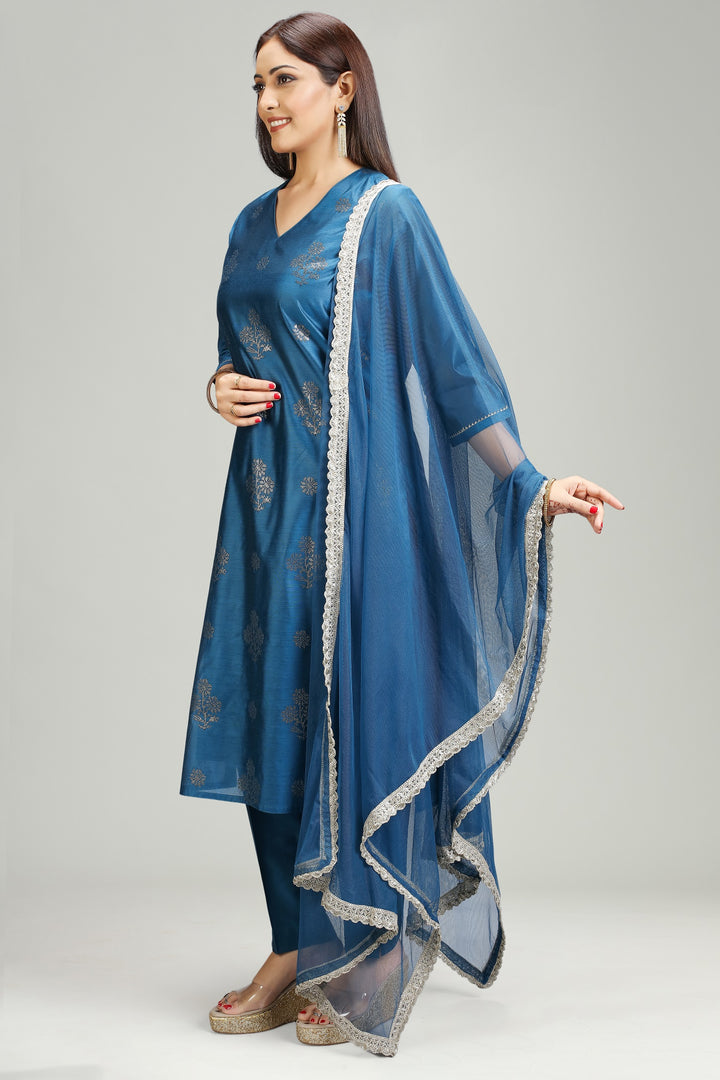 Blue Chanderi Straight Embroidered Kurta Pant Suit Set