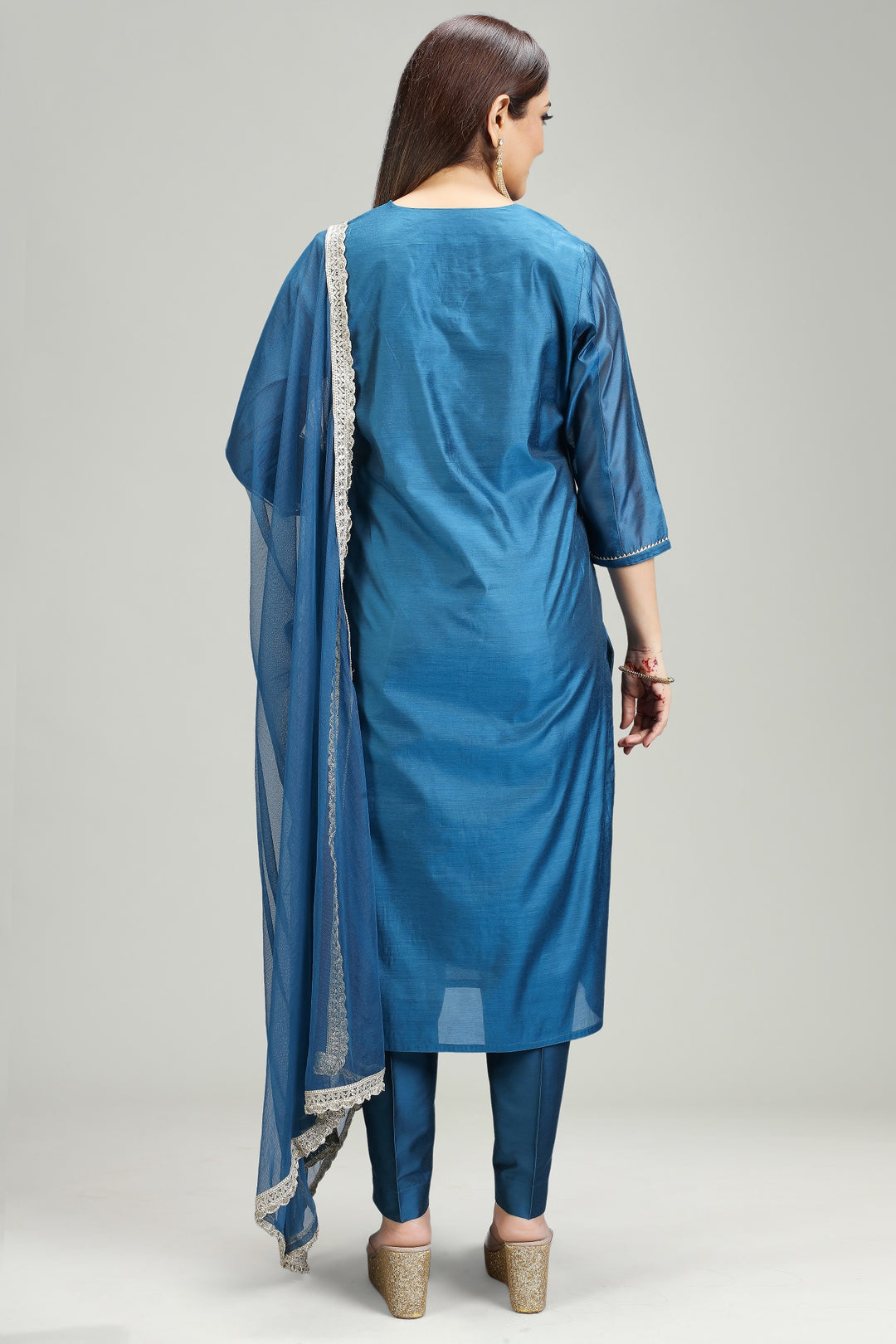 Blue Chanderi Straight Embroidered Kurta Pant Suit Set