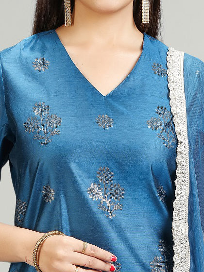 Blue Chanderi Straight Embroidered Kurta Pant Suit Set