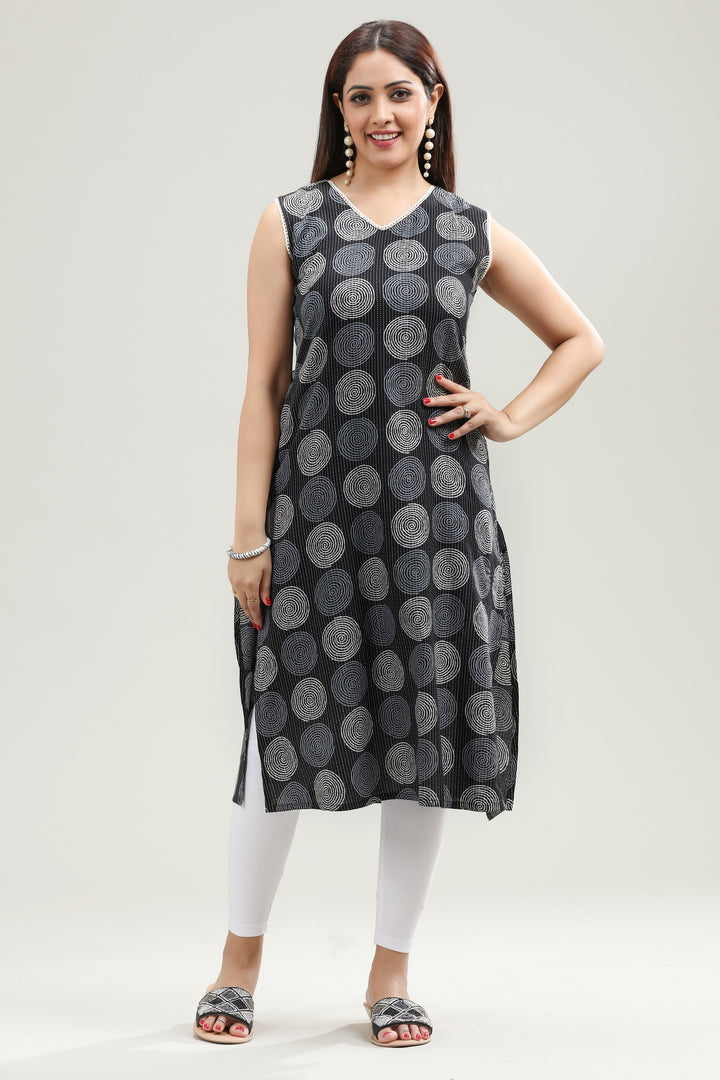 Black Jaipuri Cotton Straight Printed Sleeveless Kurta