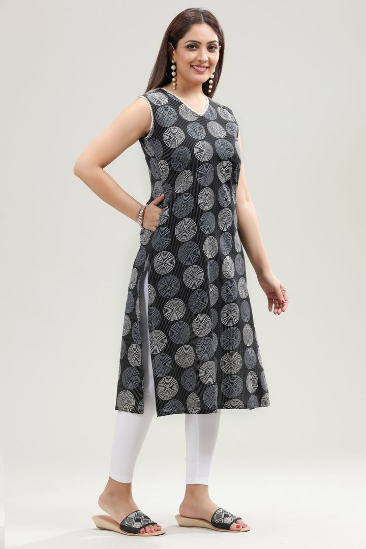 Black Jaipuri Cotton Straight Printed Sleeveless Kurta