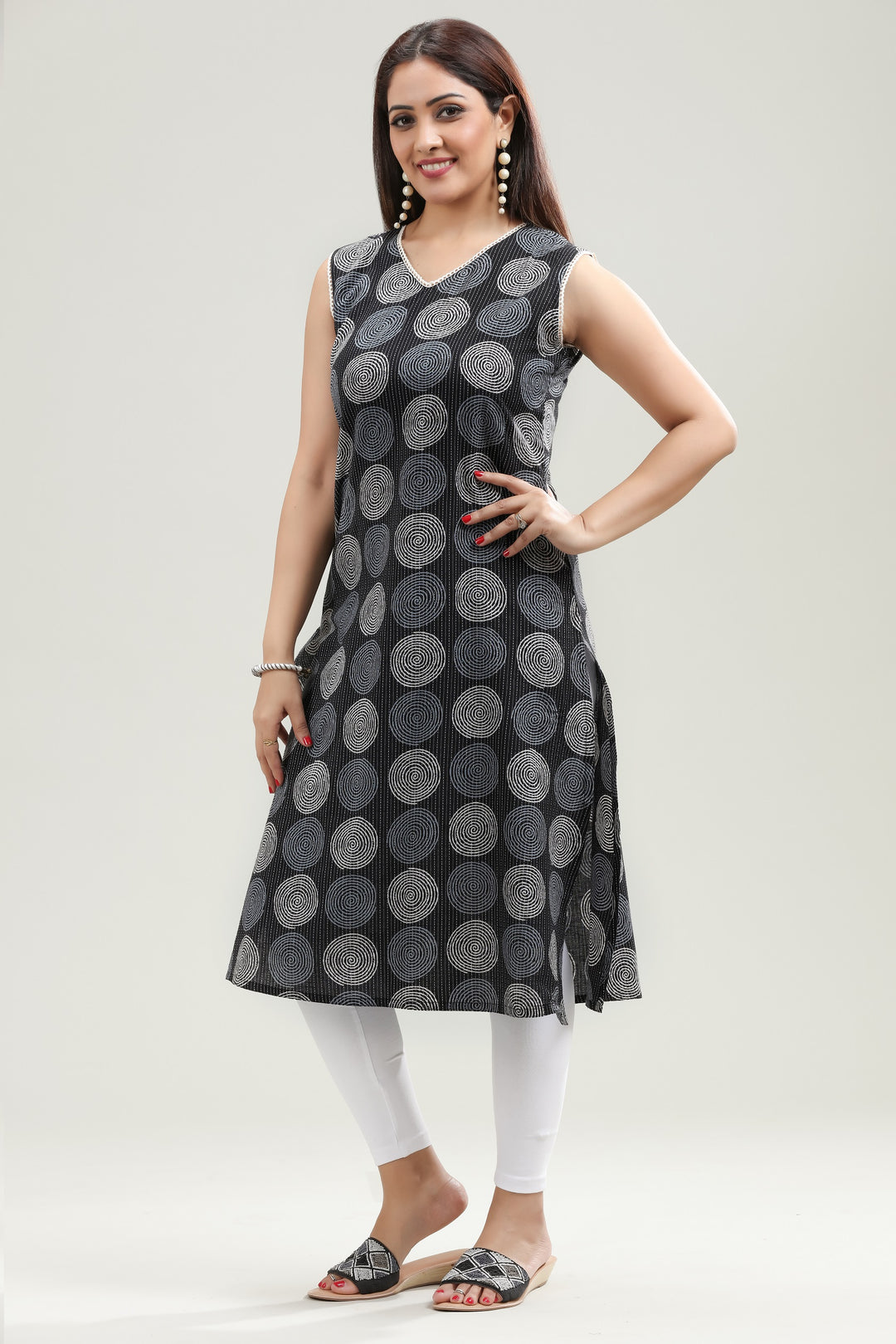 Black Jaipuri Cotton Straight Printed Sleeveless Kurta