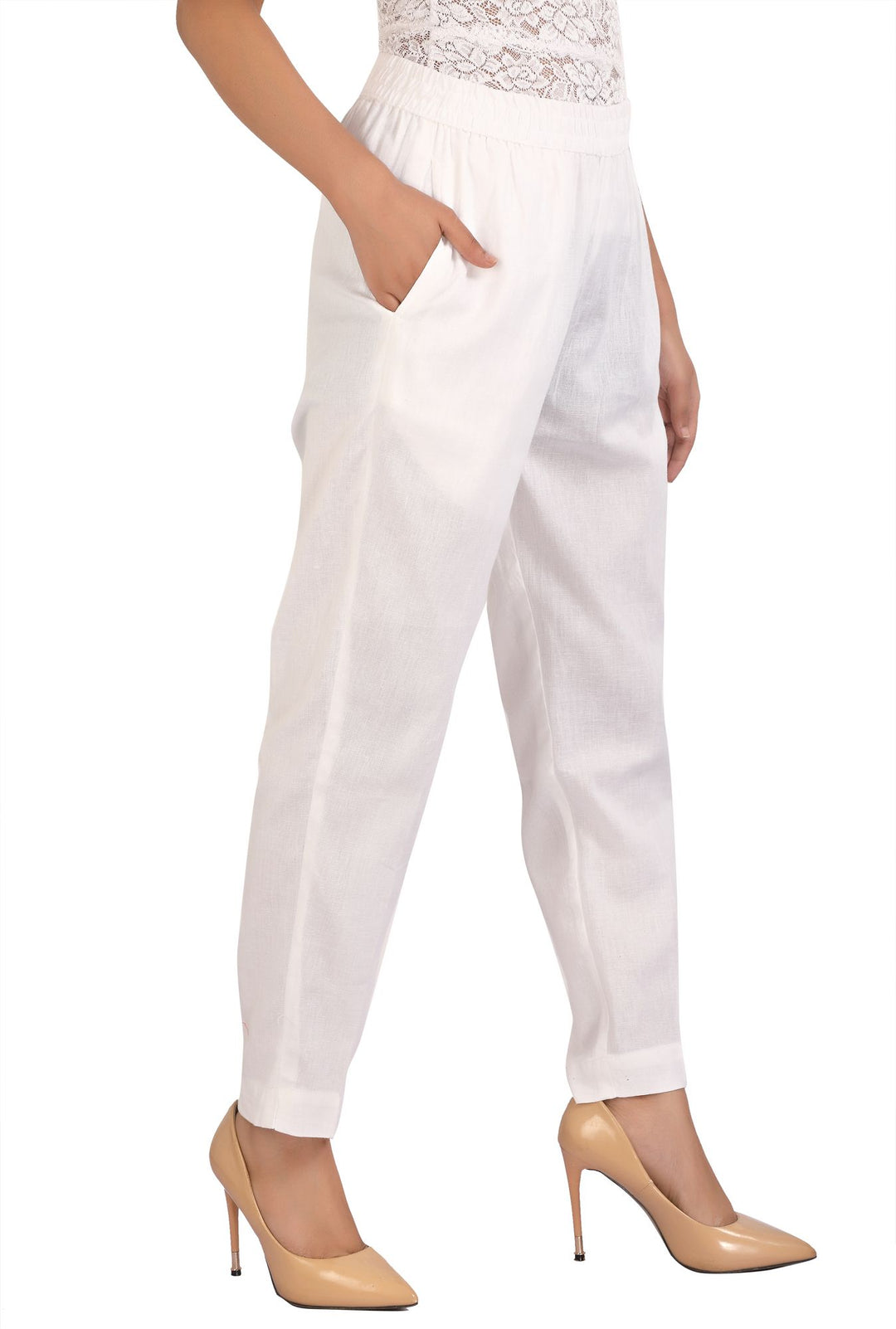 White Solid Cotton Pant for women