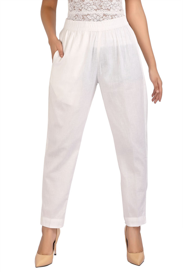 White Solid Cotton Pant for women