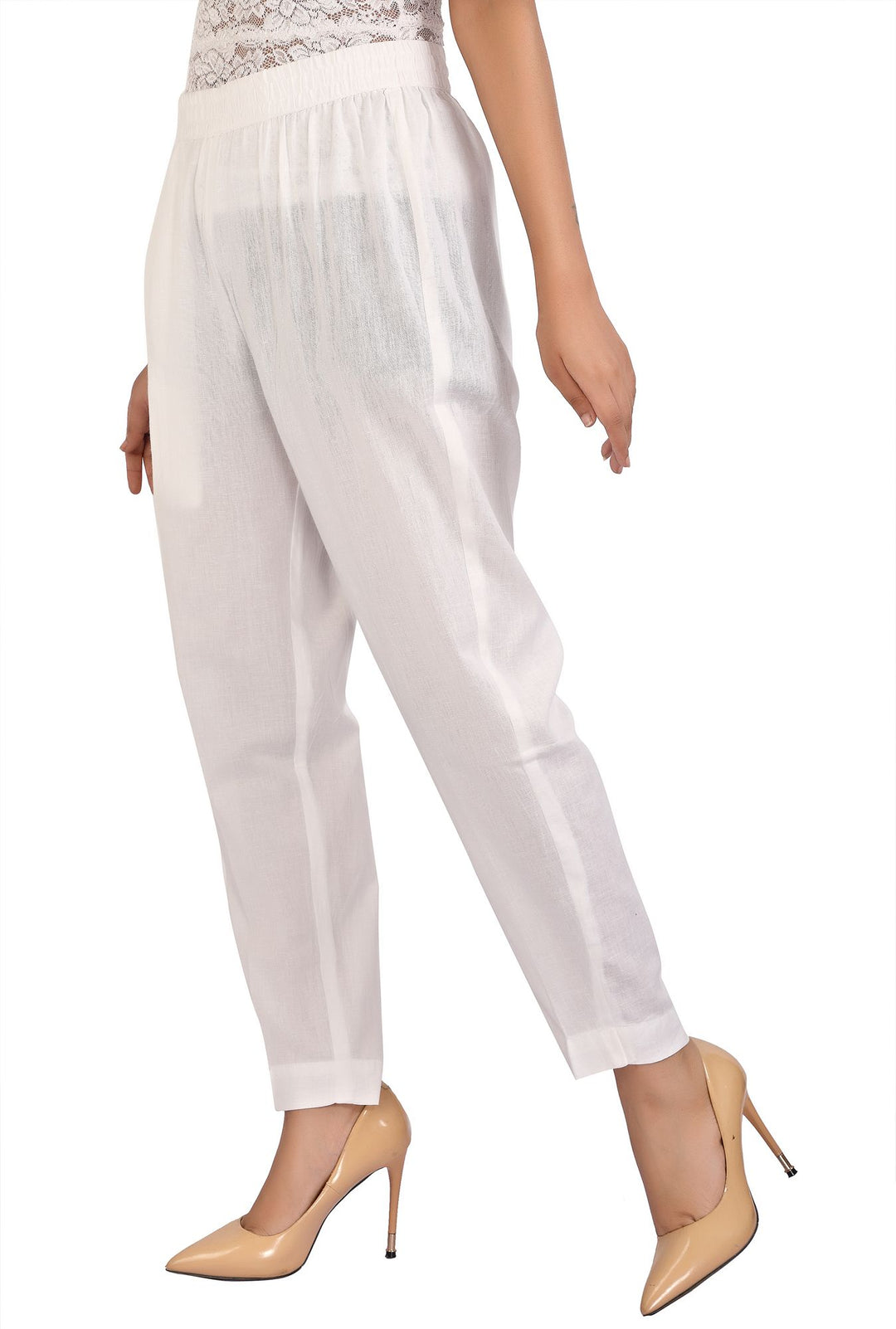 White Solid Cotton Pant for women