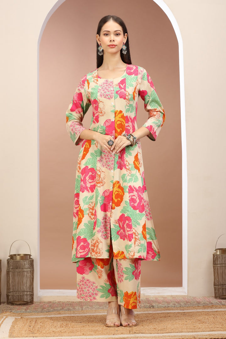 Multicolor Rayon Printed A Line Kurta Pant Co ord Set