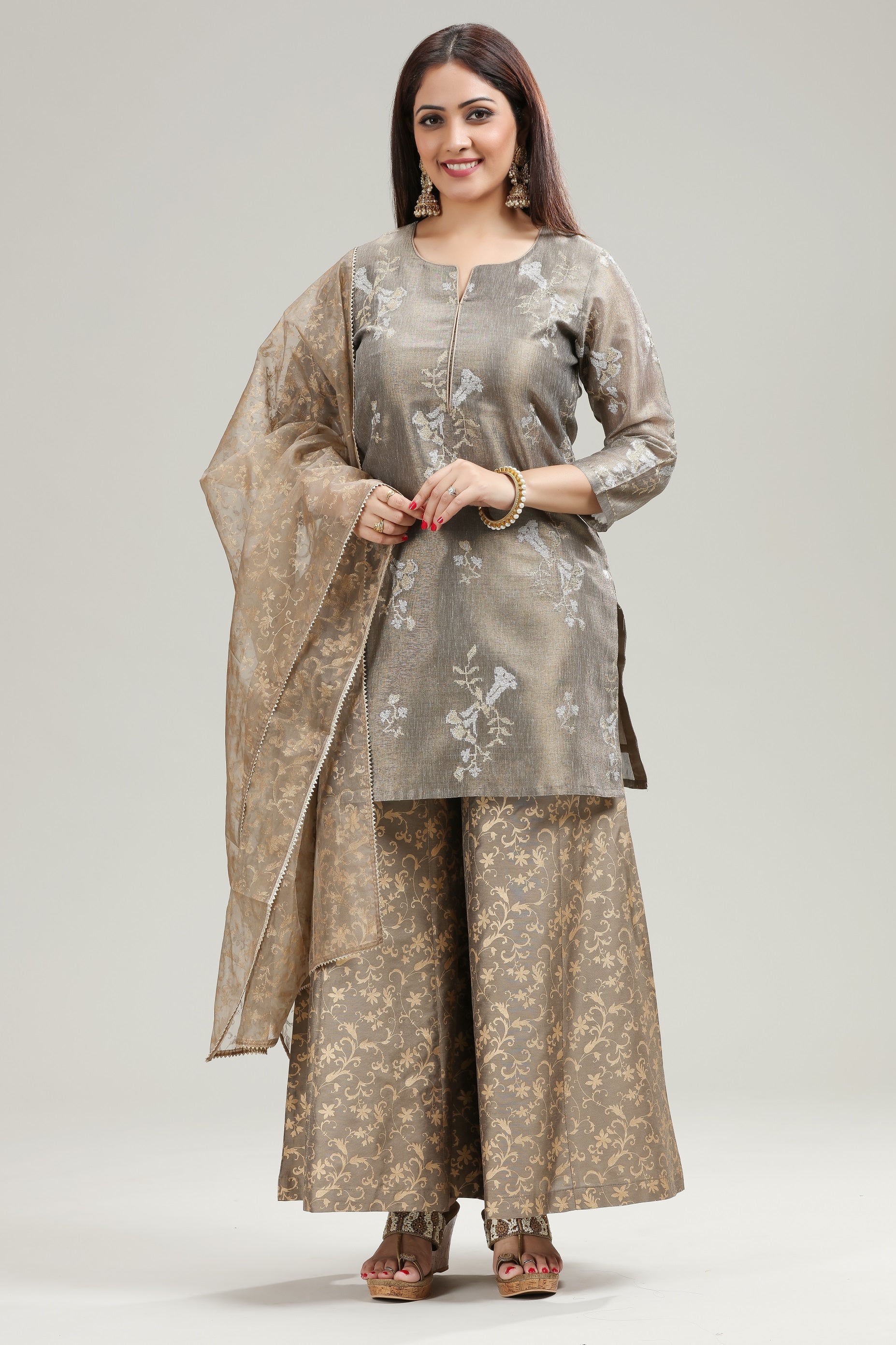 Plaster Brown Banarasi Tissue Embroidered Straight kurta Palazzo Suit Cotton Culture