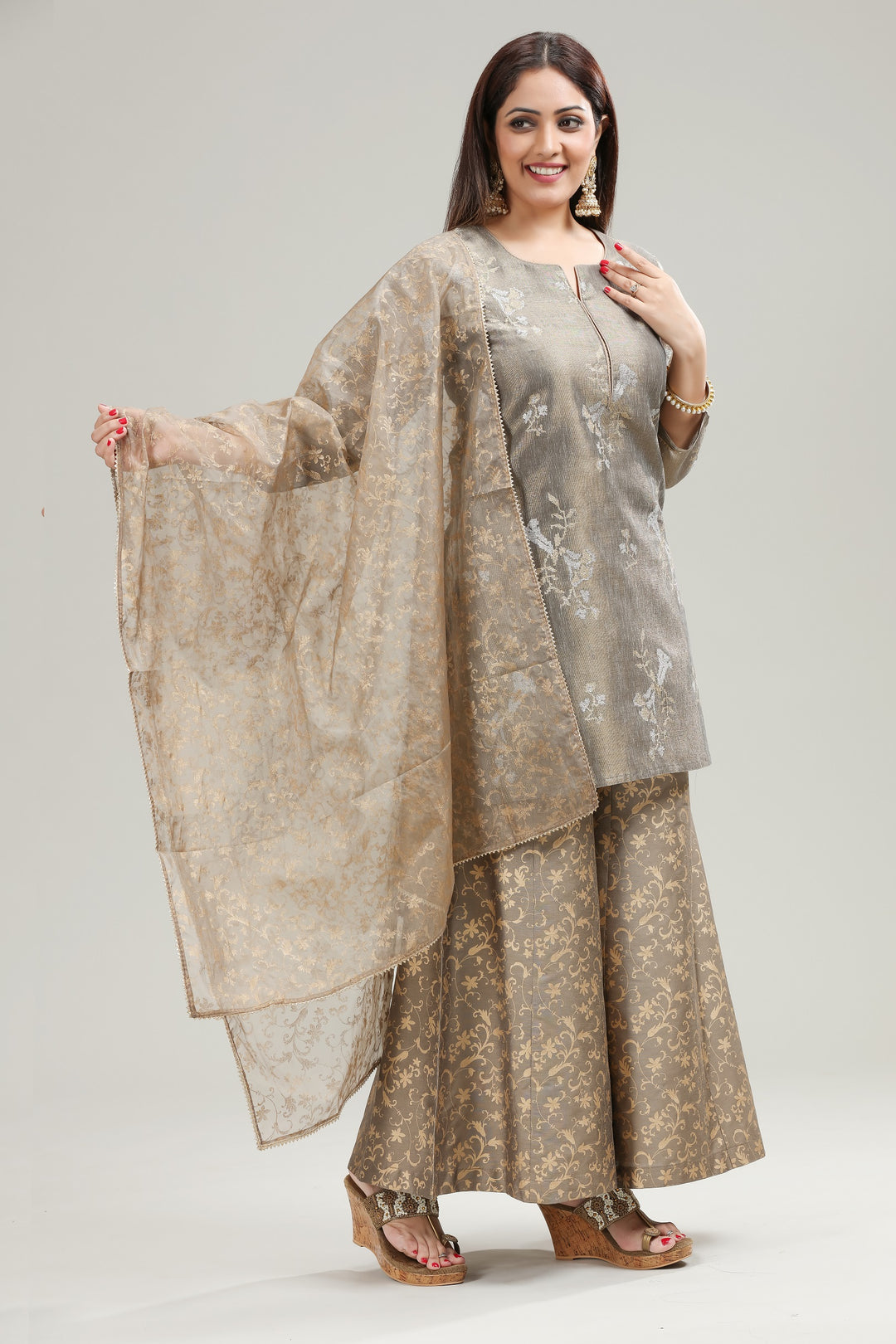 Plaster Brown Banarasi Tissue Embroidered Straight kurta Palazzo Suit Set