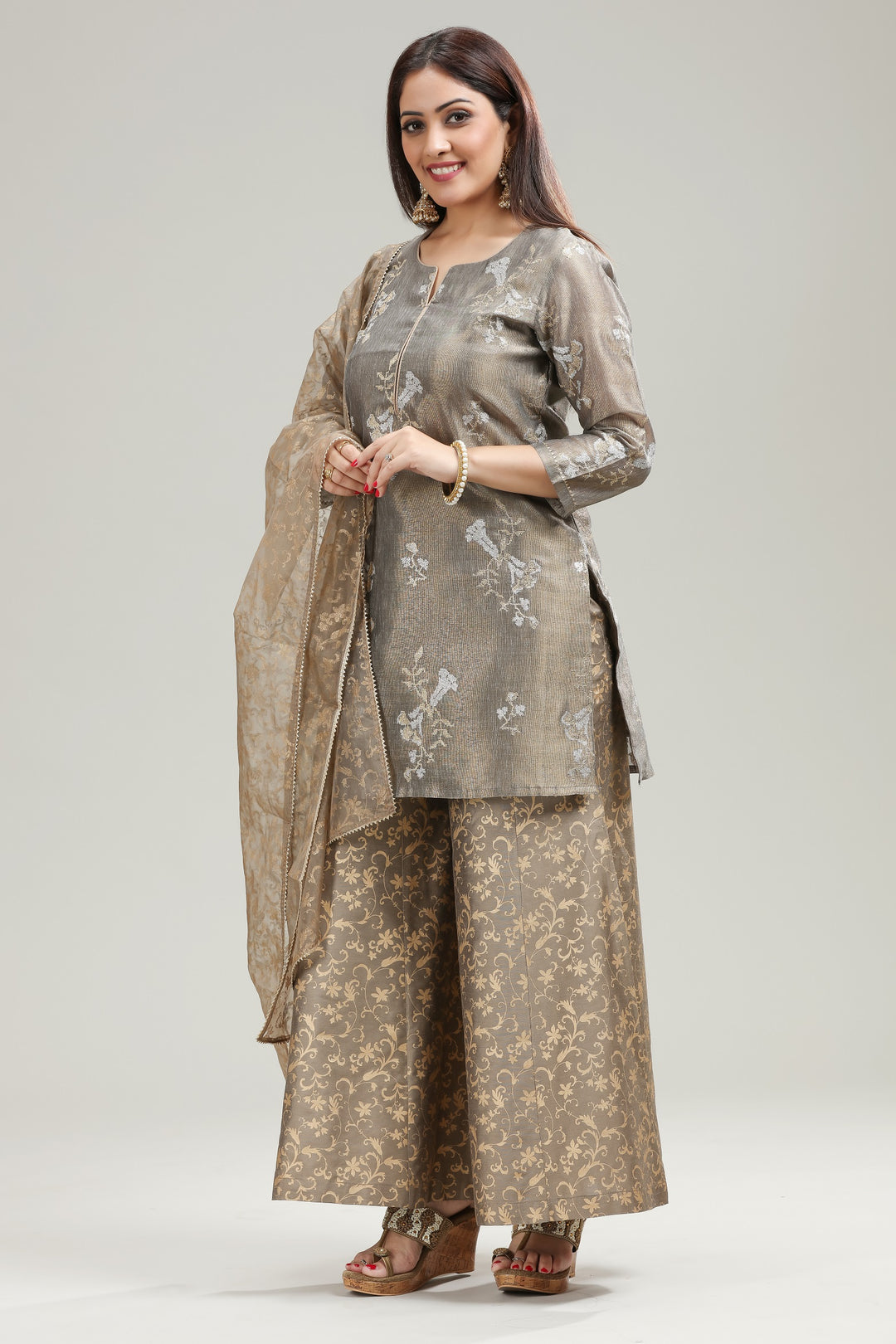 Plaster Brown Banarasi Tissue Embroidered Straight kurta Palazzo Suit Set