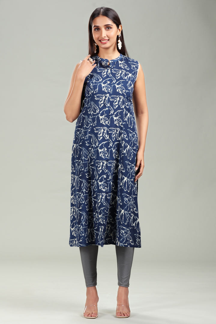 Blue Cotton A Line Printed Sleeveless Kurta