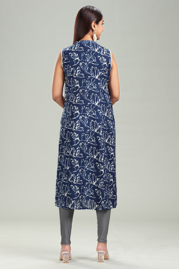 Blue Cotton A Line Printed Sleeveless Kurta