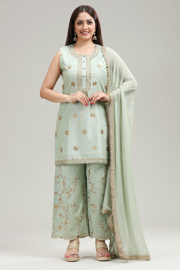 Pastel Green PolySilk Straight Embroidered Kurta Pant Suit Set