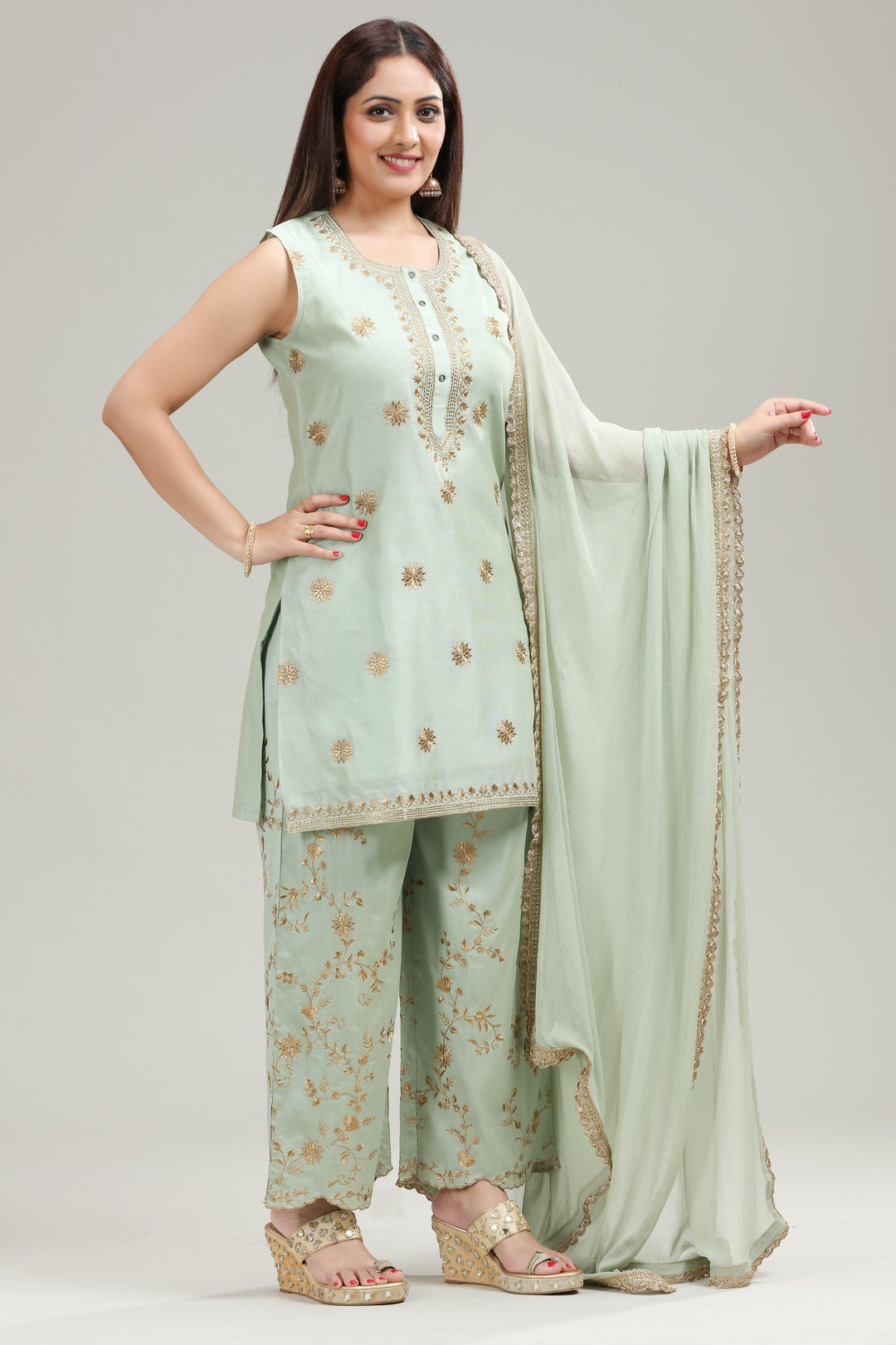 Pastel Green PolySilk Straight Embroidered Kurta Pant Suit Set