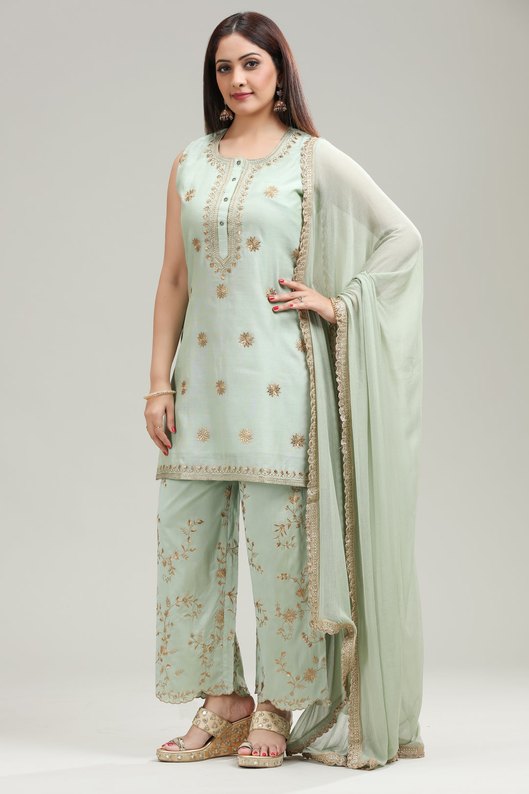 Pastel Green PolySilk Straight Embroidered Kurta Pant Suit Set