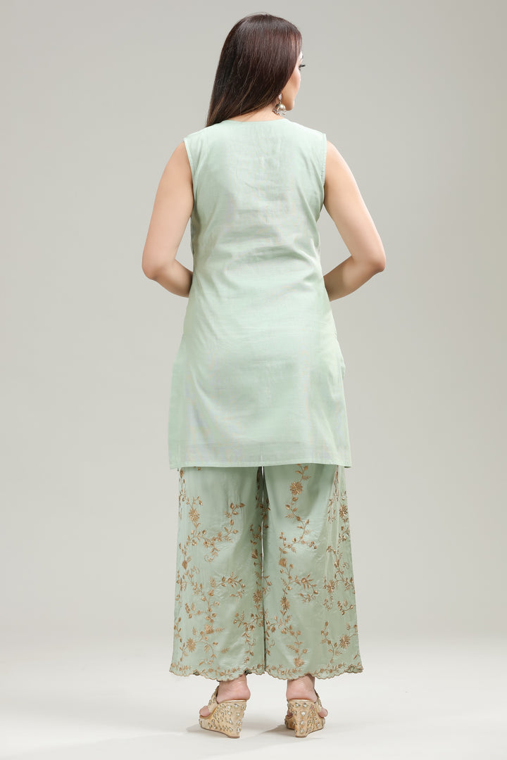 Pastel Green PolySilk Straight Embroidered Kurta Pant Suit Set