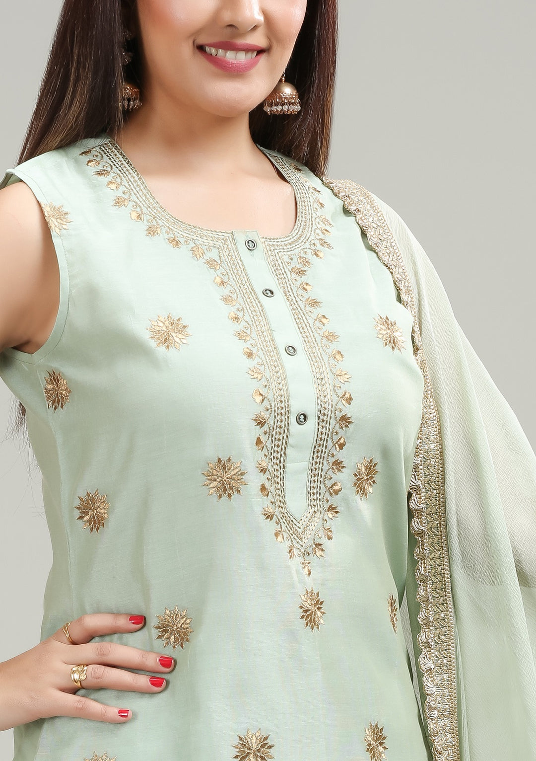 Pastel Green PolySilk Straight Embroidered Kurta Pant Suit Set