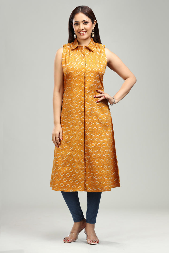 Mustard Cotton A Line Printed Sleeveless Kurta