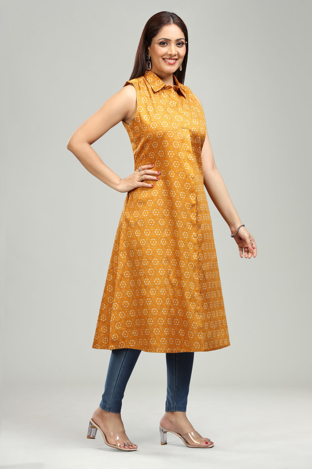 Mustard Cotton A Line Printed Sleeveless Kurta