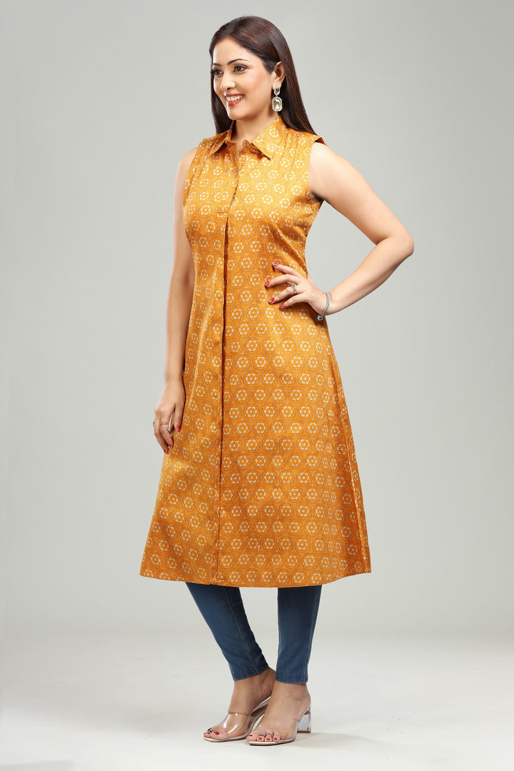 Mustard Cotton A Line Printed Sleeveless Kurta