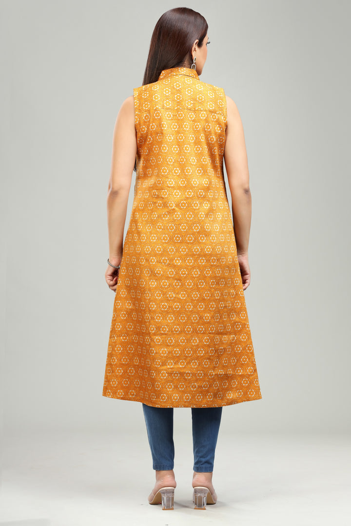 Mustard Cotton A Line Printed Sleeveless Kurta