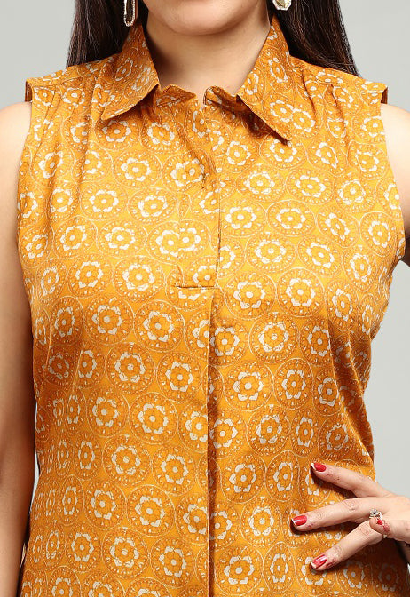 Mustard Cotton A Line Printed Sleeveless Kurta