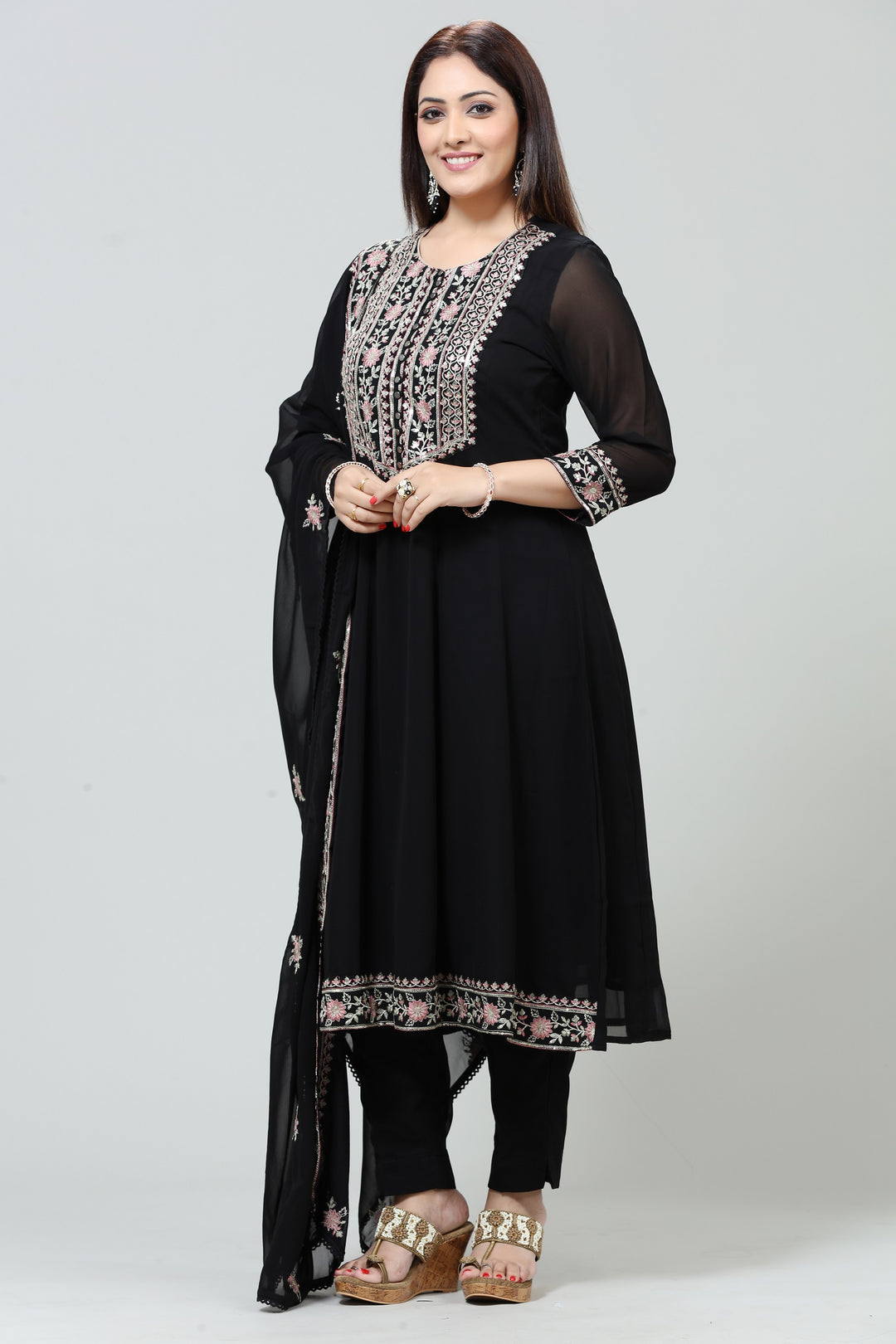 Black Georgette A Line Embroidered Kurta Pant Suit Set