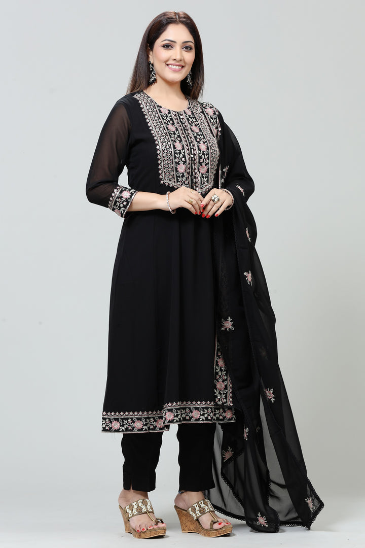 Black Georgette A Line Embroidered Kurta Pant Suit Set