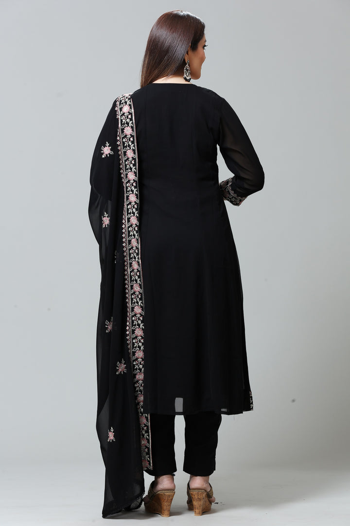 Black Georgette A Line Embroidered Kurta Pant Suit Set