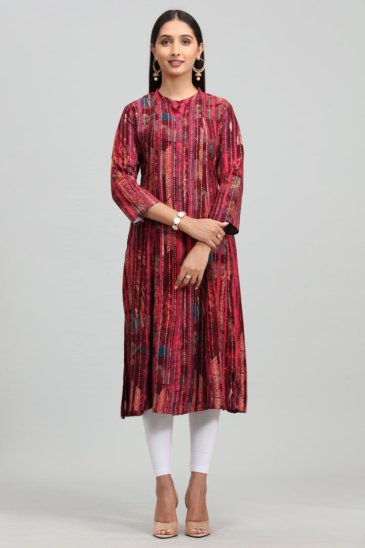 Maroon Rayon A Line Printed Kurta