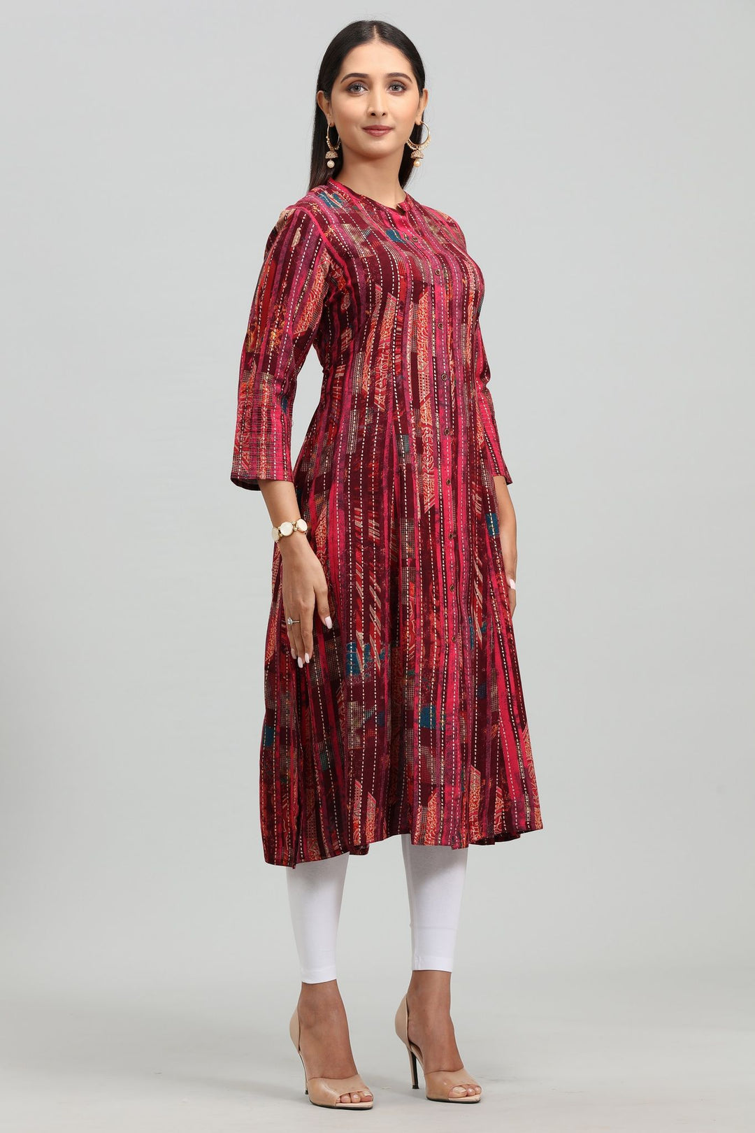 Maroon Rayon A Line Printed Kurta