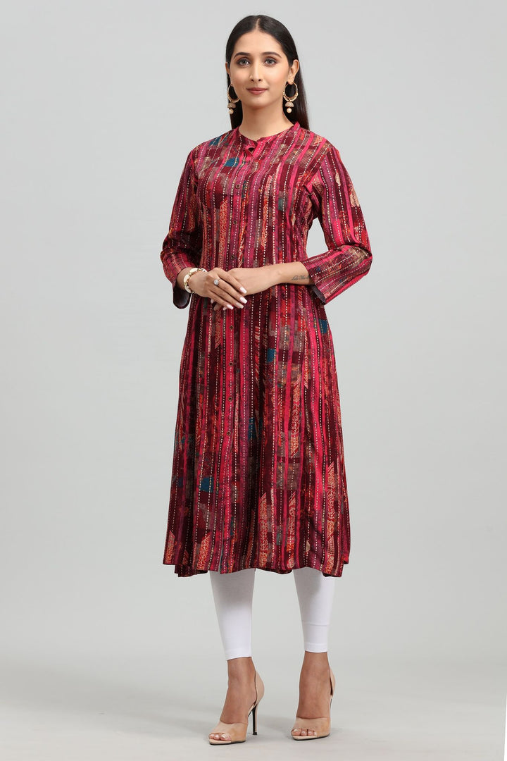 Maroon Rayon A Line Printed Kurta