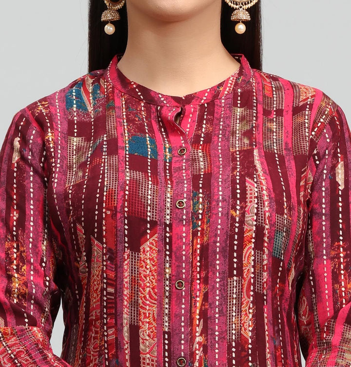 Maroon Rayon A Line Printed Kurta