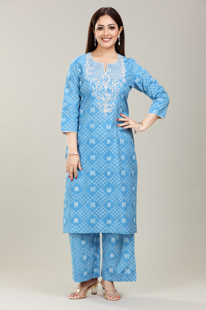 Sky Blue Cotton Embroidered Kurta Pant Co ord Set