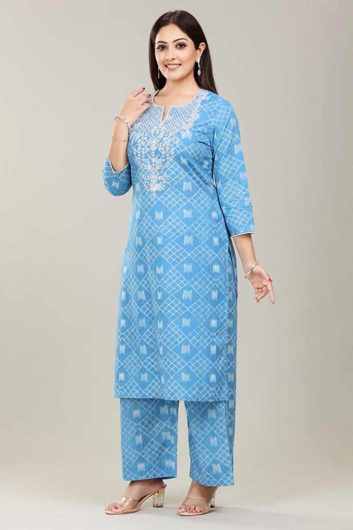 Sky Blue Cotton Embroidered Kurta Pant Co ord Set