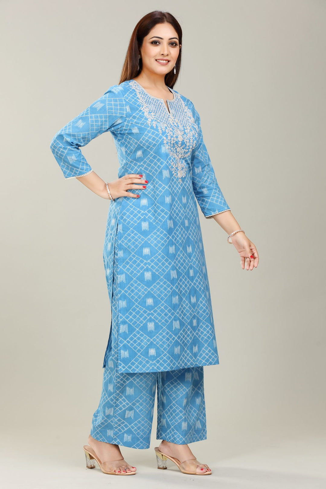 Sky Blue Cotton Embroidered Kurta Pant Co ord Set