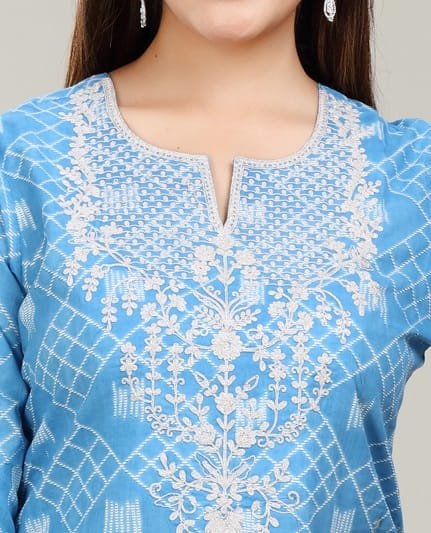 Sky Blue Cotton Embroidered Kurta Pant Co ord Set