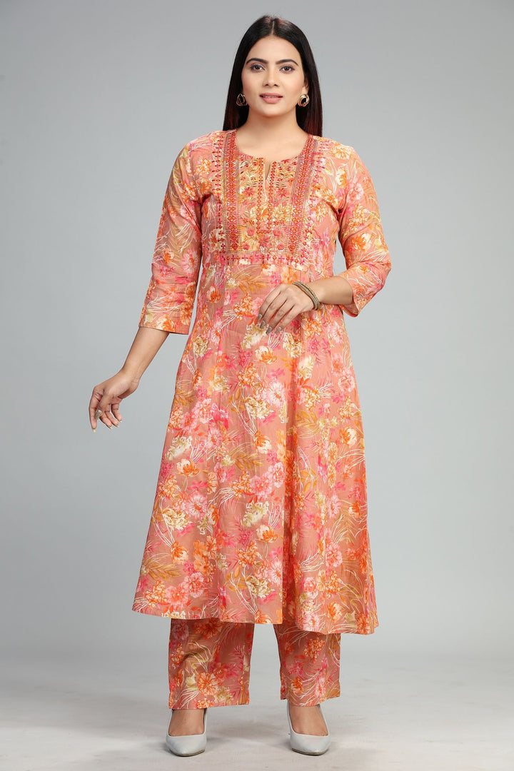 Peach Cotton A Line Embroidered Kurta Pant Co ord Set