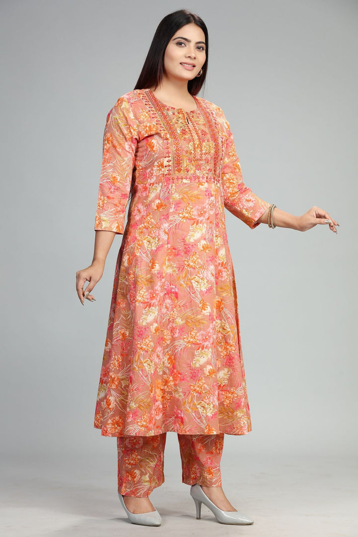 Peach Cotton A Line Embroidered Kurta Pant Co ord Set