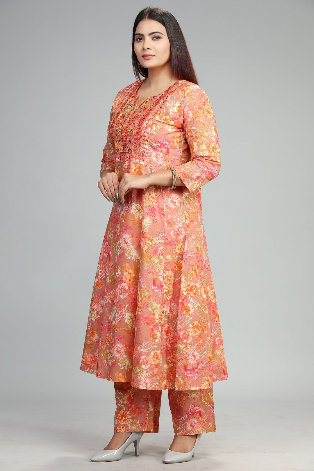 Peach Cotton A Line Embroidered Kurta Pant Co ord Set