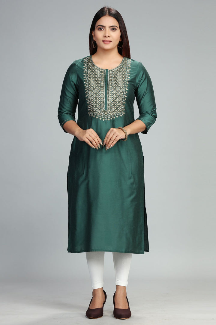 Dark Green Cotton Silk Straight Embroidered Kurta