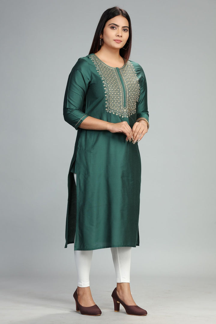 Dark Green Cotton Silk Straight Embroidered Kurta