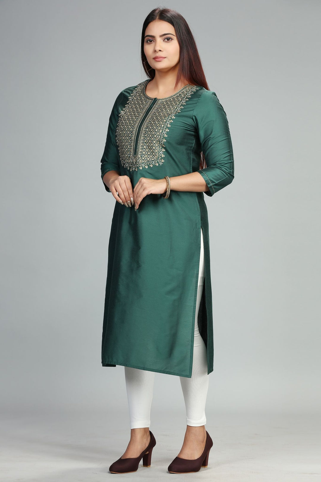 Dark Green Cotton Silk Straight Embroidered Kurta