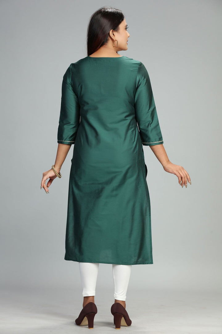 Dark Green Cotton Silk Straight Embroidered Kurta