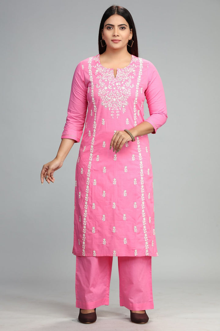 Pink Cotton Straight Embroidered Kurta Pant Co ord Set